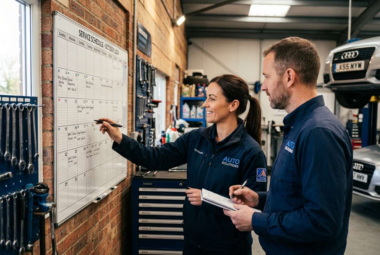 Mechanics planning maintenance on a whiteboard service calendar