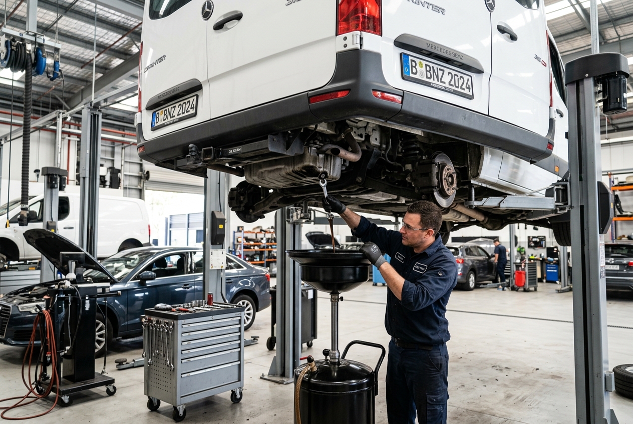 Mechanic changing engine oil on a white Mercedes Sprinter van on a workshop lift